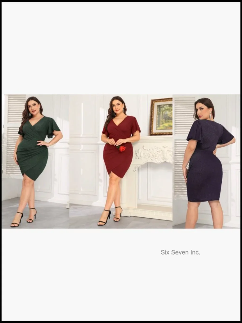Plus Size Sparkle Sequin Ruched Bodycon Mini Wrap Dress Ruffle Sleeve Party - Picture 6 of 6
